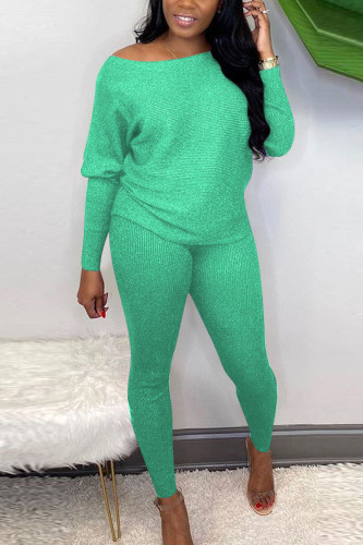 Green Sexy Solid Bateau Neck Long Sleeve Two Pieces