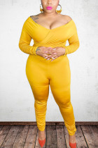 Желтый Сексуальный Однотонный Бато Шея Плюс Размер