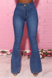 Deep Blue Fashion Casual Solid Plus Size High Waist Jeans