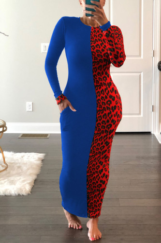 Blue Sexy Print Patchwork Turtleneck Wrapped Skirt Dresses
