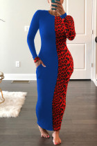 ブルーのセクシーなプリント パッチワーク タートルネック ラップ スカート ドレス