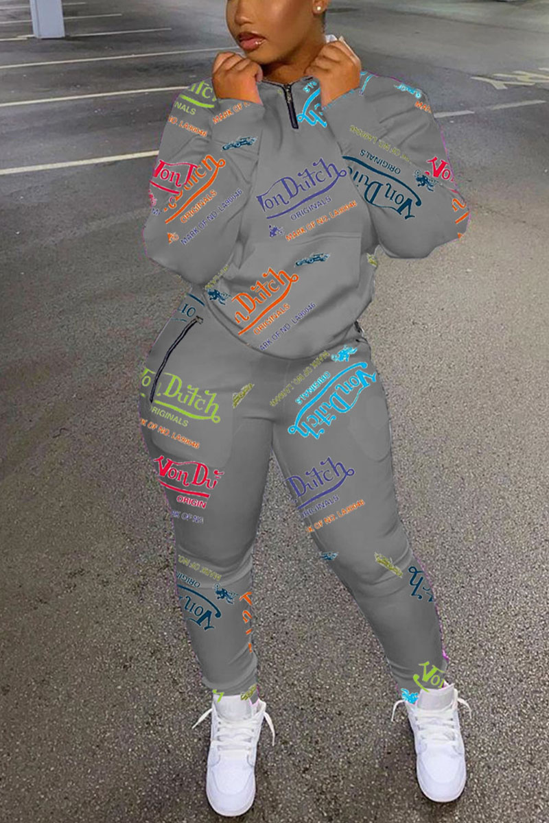 

Grey Sportswear Letter Print Zipper Collar Long Sleeve Two Pieces