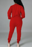 Rode sexy rechte jumpsuits met effen zak en v-hals