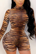 Barboteuse skinny marron à imprimé léopard sexy et col rond