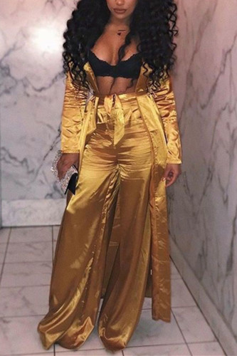Gold Fashion Casual Solid Cardigan Long Sleeve Two Pieces
