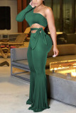 Light Green Fashion Sexy Solid Hollowed Out Patchwork With Belt One Shoulder Boot Cut Jumpsuits