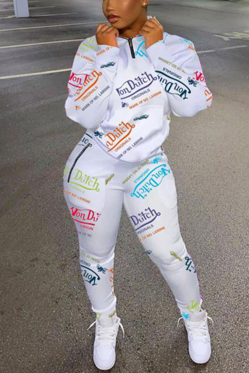 White Sportswear Letter Print Zipper Collar Long Sleeve Two Pieces