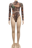 Brown Sexy Print See-through O Neck Long Sleeve Two Pieces