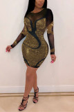 Золотое модное сексуальное лоскутное прозрачное платье с длинным рукавом и круглым вырезом