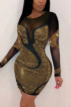 Золотое модное сексуальное лоскутное прозрачное платье с длинным рукавом и круглым вырезом