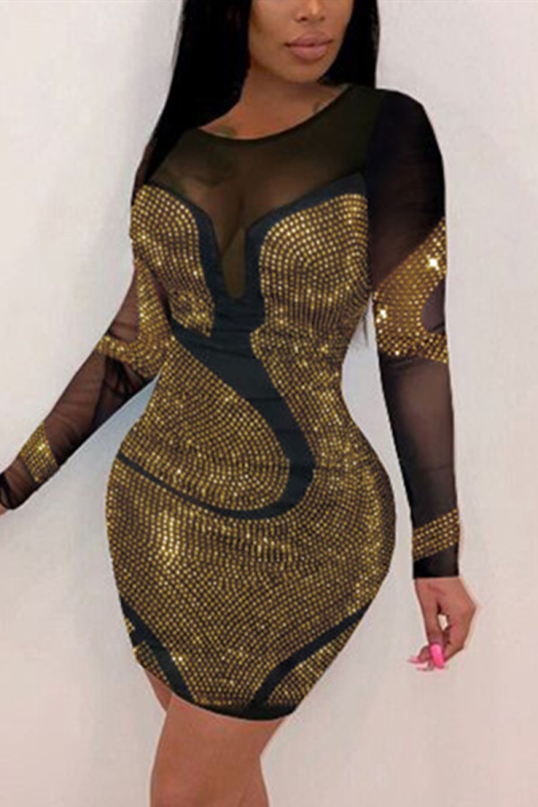 Gouden mode sexy patchwork patchwork doorzichtige jurk met lange mouwen en O-hals