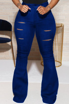 Blauwe mode casual effen gescheurde normale broek