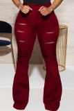 Pantaloni regolari strappati casual alla moda rosso vino