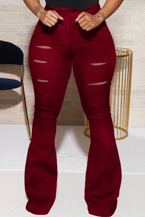 Pantalones regulares rasgados sólidos casuales de moda rojo vino