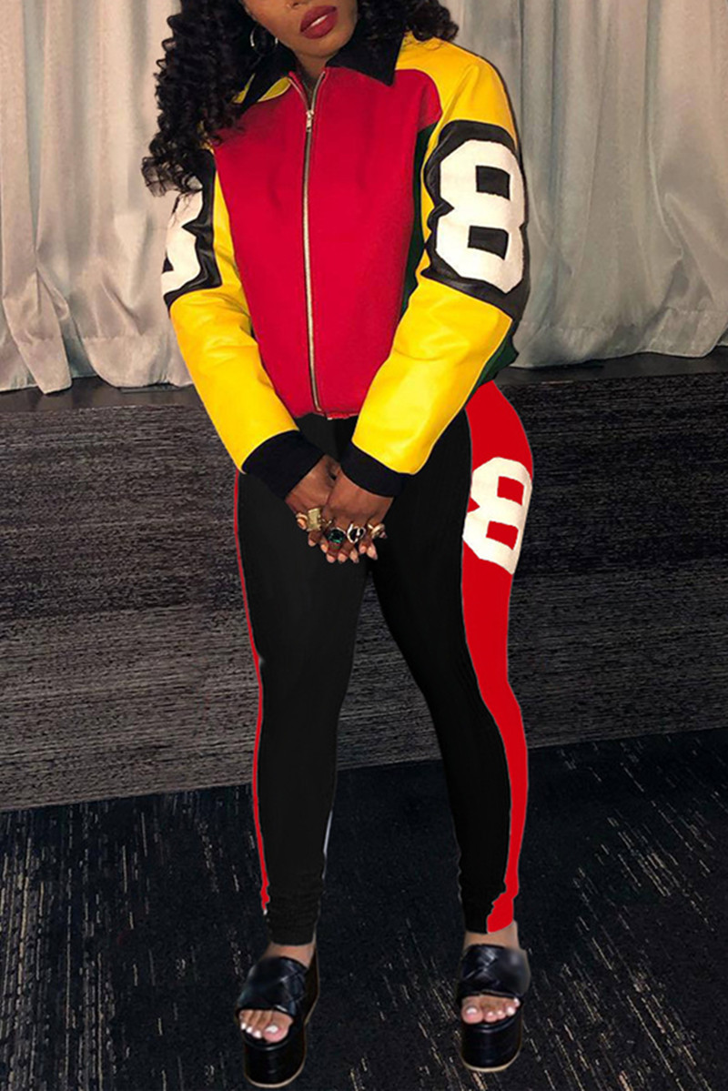 

Red Fashion Casual Patchwork Split Joint Zipper Collar Long Sleeve Two Pieces
