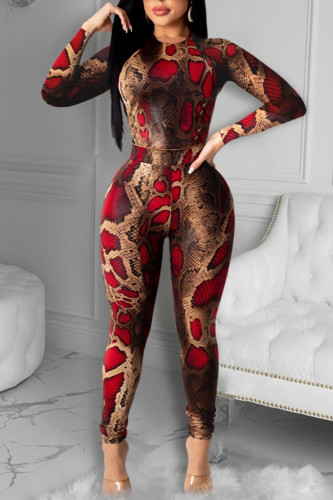 Wine Red Fashion Casual Print Basic O Neck Long Sleeve Two Pieces