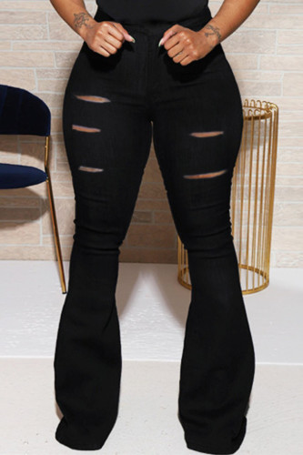 Black Fashion Casual Solid Ripped Regular Trousers