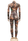 Brown Sexy Print See-through O Neck Long Sleeve Two Pieces