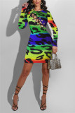 Vestido estampado sexy moda multicolorido vazado oco