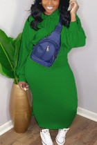 Green Casual Solid Hooded Collar Two Pieces Long Sleeves Tops And Midi Skirt Sets