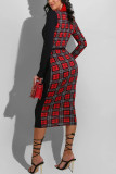 Rode elegante print patchwork v-hals schede jurken