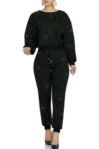 Black venetian England Solid Two Piece Suits Patchwork diamonds pencil Long Sleeve 