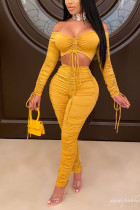 Желтый модный сексуальный лоскутный костюм для взрослых, однотонный драпированный асимметричный костюм-двойка, обычный костюм из двух предметов с длинным рукавом