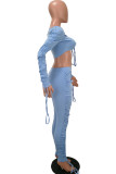 Blue Fashion Sexy adult Patchwork Solid Draped asymmetrical Two Piece Suits Regular Long Sleeve Two Pieces