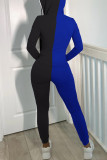 Blauw Zwart Mode Casual Lappendeken Skinny jumpsuits met capuchon en kraag