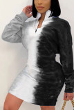 ブルーセクシーな段階的な変化プリントターンダウンカラー長袖ミニペンシルスカートドレス