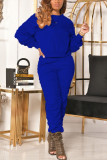 Blue Casual Solid Fold O Neck Long Sleeve Two Pieces