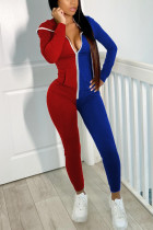 Röda och blå Mode Casual Patchwork Patchwork Skinny Jumpsuits med huva