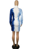Blue Sexy Gradual Change Print Turndown Collar Long Sleeve Mini Pencil Skirt Dresses