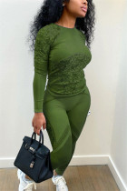 Зеленый модный повседневный пэчворк Лоскутное шитье с круглым вырезом с длинным рукавом из двух частей