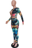 multicolor Street Print Bandage Tie-dye O Neck Long Sleeve Two Pieces