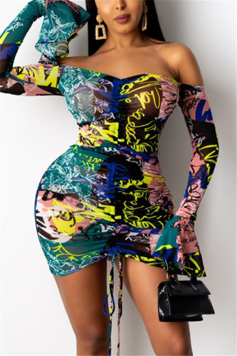 multicolore Fashion Sexy Print Draw String Backless Bateau Neck Printed Dress