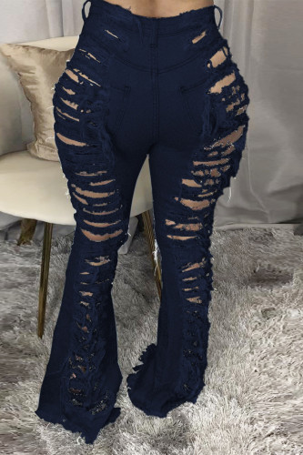 Deep Blue Fashion Sexy Solid Mid Waist Broken Hole Jeans