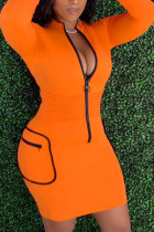 Oranje mode sexy effen patchwork jurk met ritssluiting en lange mouwen