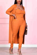 Оранжевый модный повседневный однотонный базовый костюм из двух предметов с длинным рукавом