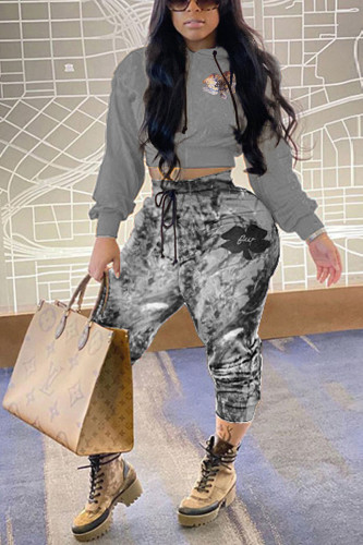 Grey Fashion Casual Print Two Pieces