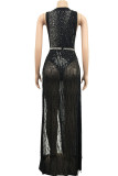 Black Sexy Geometric Sequins Patchwork Frenulum See-through With Belt O Neck Sleeveless Two Pieces