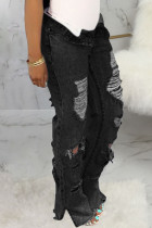 Черная сексуальная однотонная рваная джинсовая ткань с высокой талией