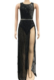 Black Sexy Geometric Sequins Patchwork Frenulum See-through With Belt O Neck Sleeveless Two Pieces