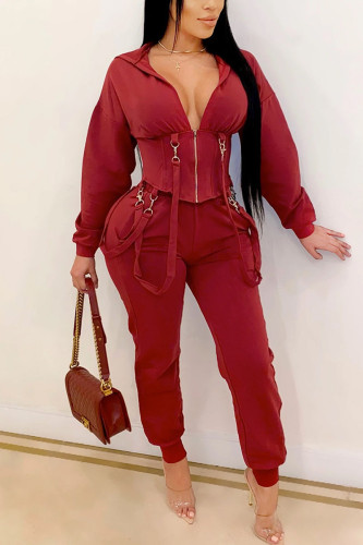 Wine Red Casual Solid Tassel Patchwork Hooded Collar Long Sleeve Two Pieces