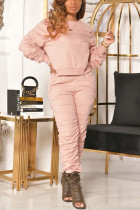 Pink Fashion Casual Solid Fold O Neck Langarm Zweiteiler