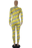 Yellow Fashion Adult Living Print Pants V Neck Skinny Jumpsuits
