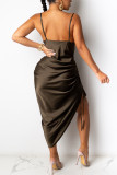ブラウンネスファッションセクシーなソリッドドローストリングスパゲッティストラップスリングドレス