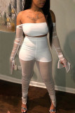 White Fashion Casual Adult Solid See-through Backless Strapless Long Sleeve Off The Shoulder Short Two Pieces