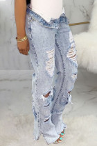 Baby Blue Sexy Solid High Waist Distressed Ripped Denim Jeans