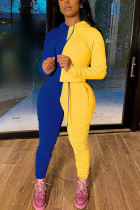 azul e amarelo sexy sólido patchwork gola com capuz manga comprida duas peças